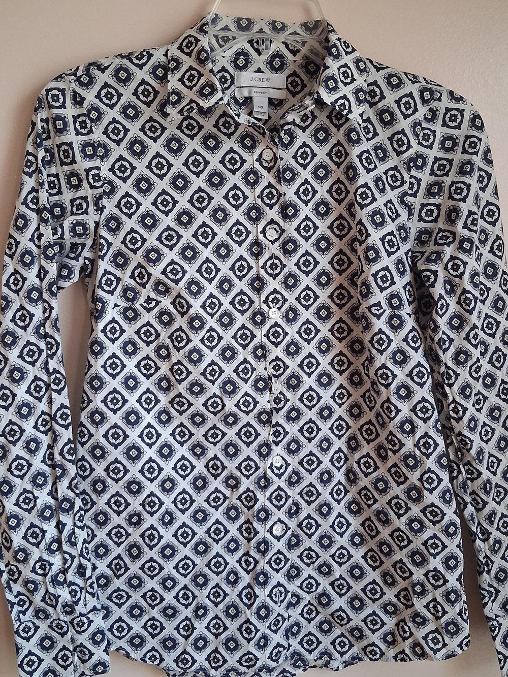 J.Crew Perfect Shirt‎ Navy Blue White Geometric Tile Print Button Down Size 00